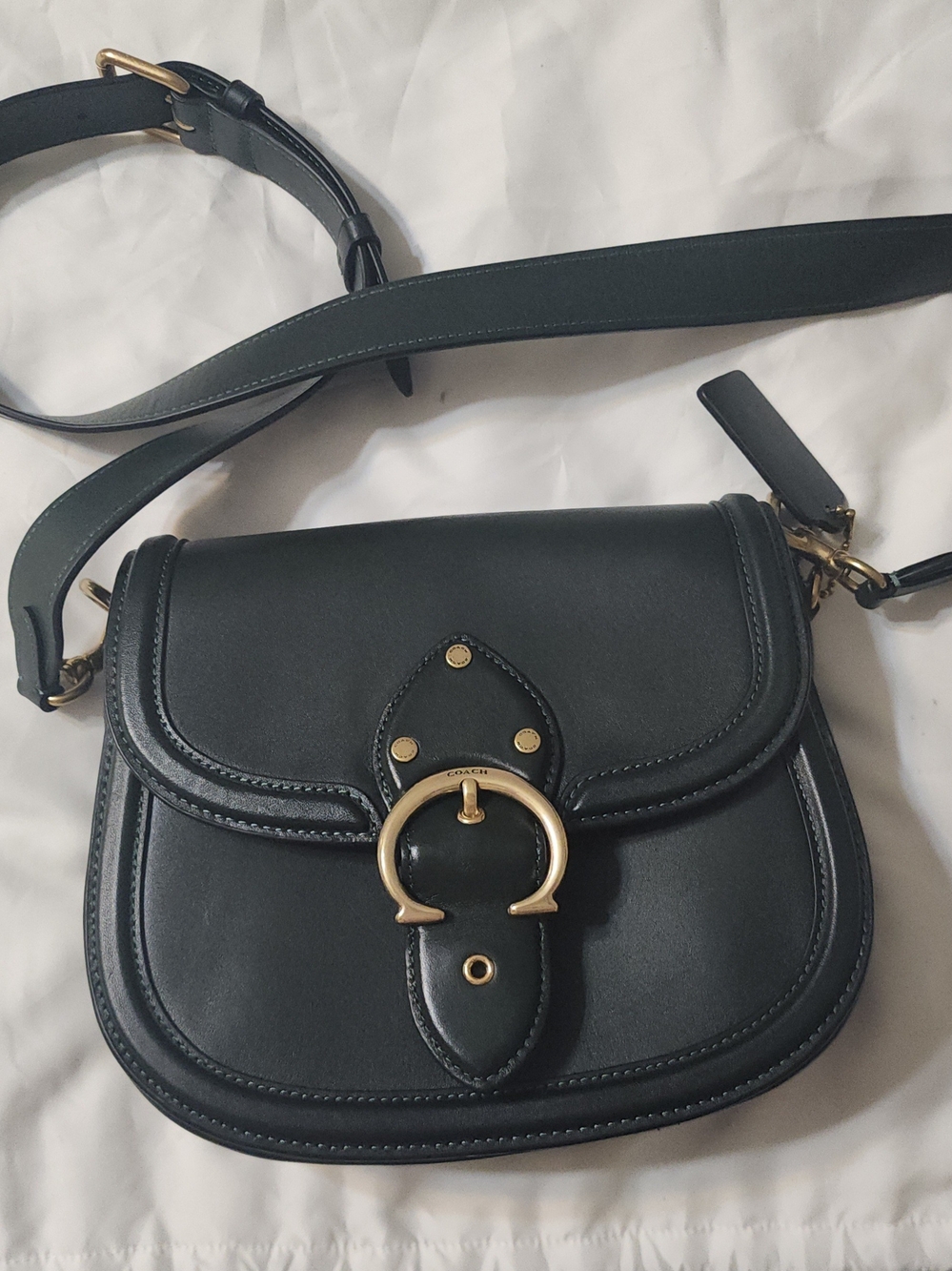 Coach Dark Green Leather Saddle Crossbody with Gold Buckle